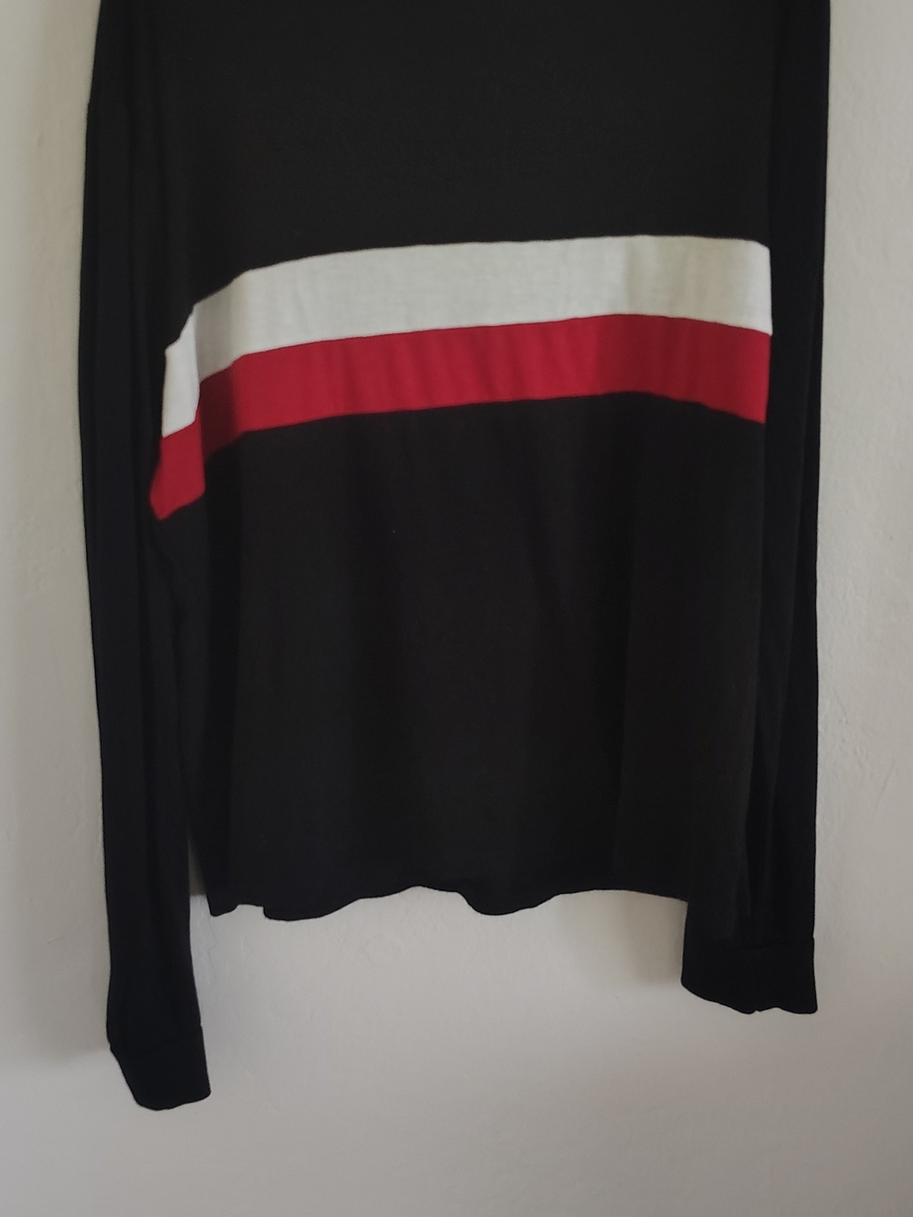Ambiance Black Long Sleeve Hooded Top with White and Red Chest Stripes